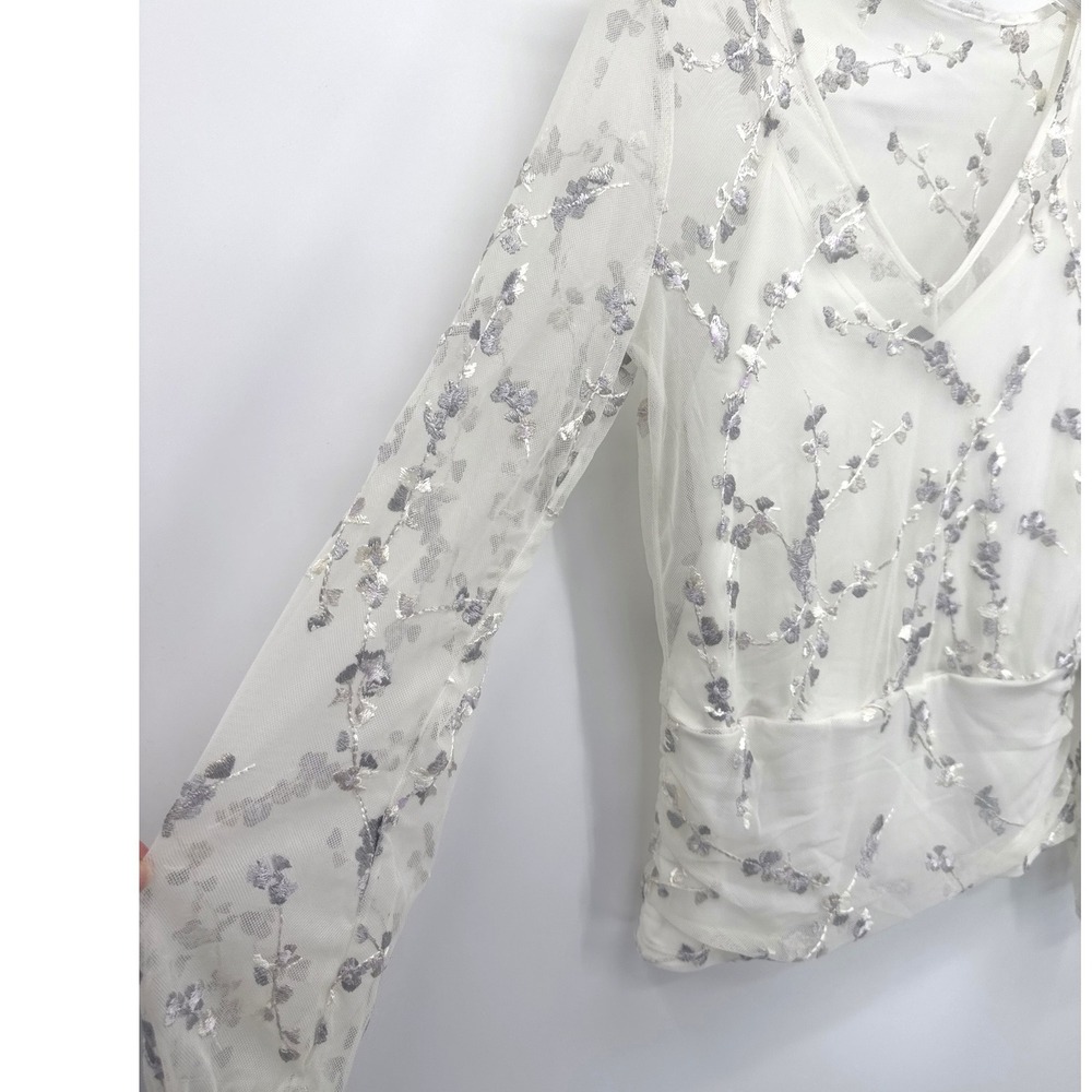 White House Black Market Womens Embroidered Mesh Blouse Small White Floral Sheer - Picture 4 of 9